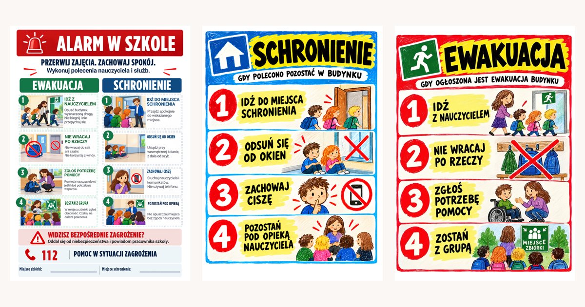 Trzy plansze ewakuacyjne obok siebie: zbiorcza, schronienie i ewakuacja.